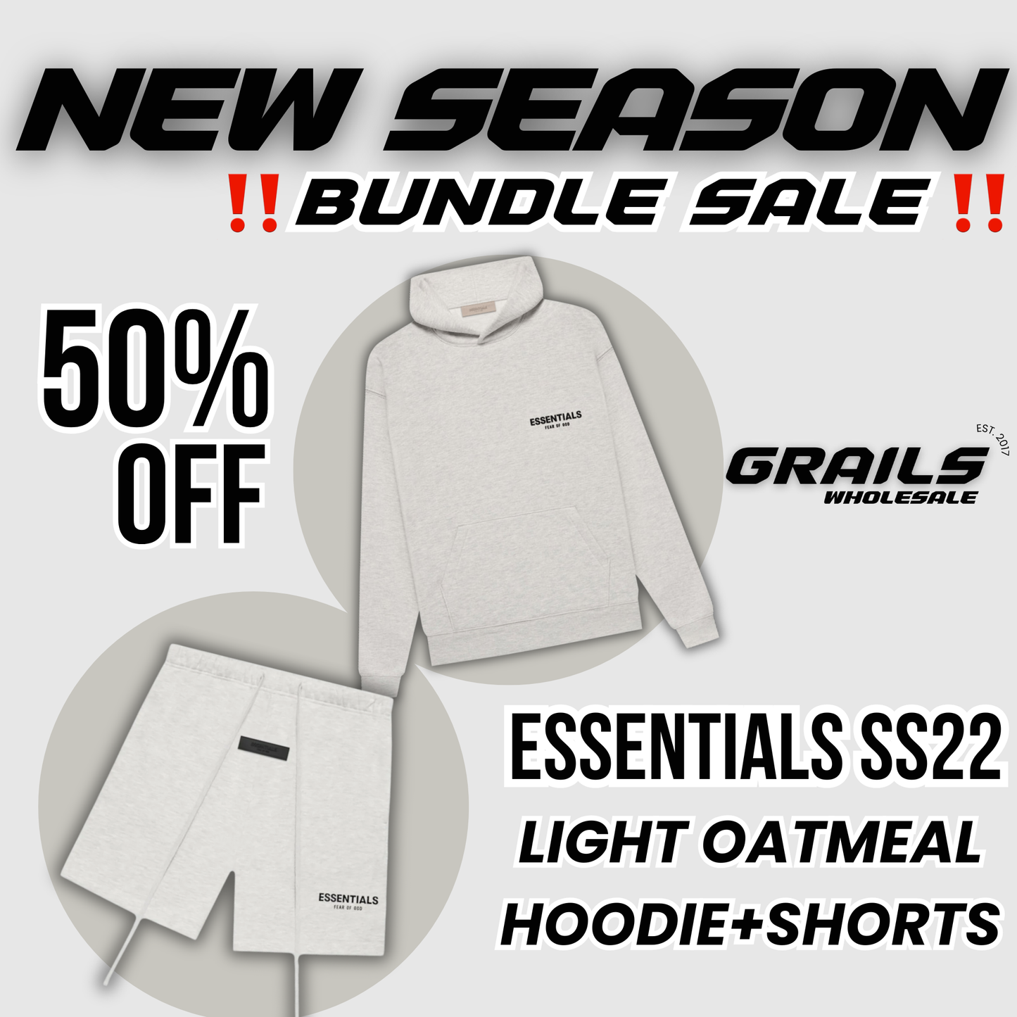 ESSENTIALS FOG LIGHT OATMEAL SS22 SHORTS+HOODIE BUNDLE